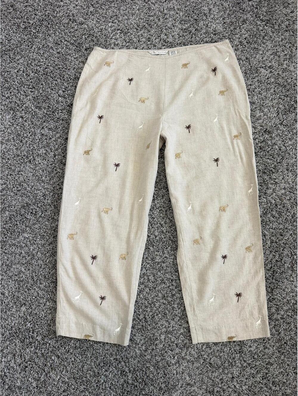 Peter Martin Linen Blend Embroidered Animal Cropped Straight Leg Pants Size 12